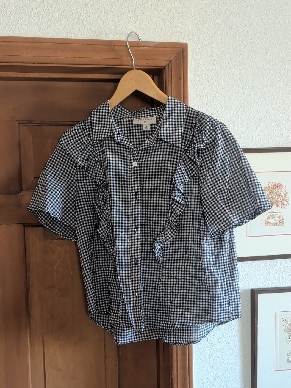 Sandy Liang Black & White Gingham Ruffle Button-Front Top